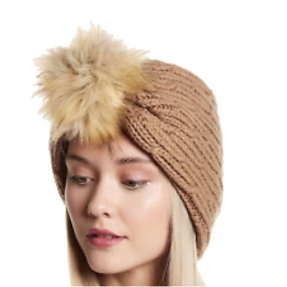 Michael Kors Faux Fur‎ Pom Cable Knit Neck Warmer, Camel